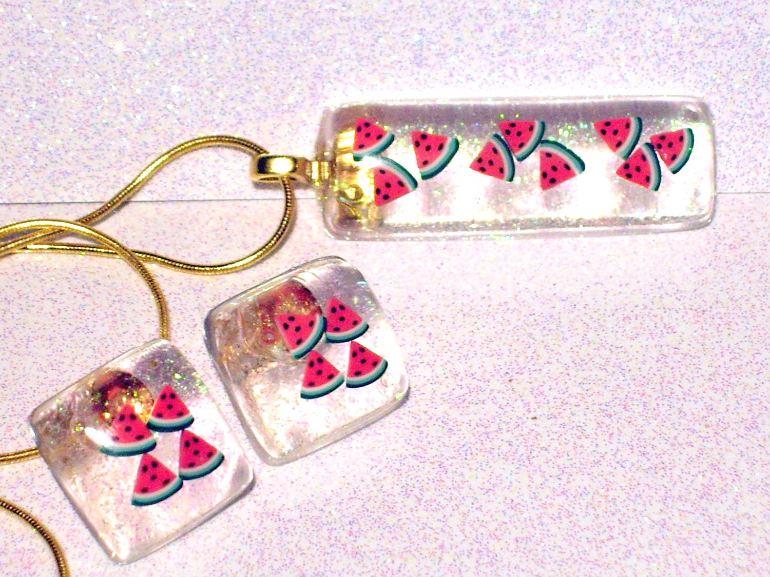 Upcycled WATERMELON slices New Years Party Resin Mother's Day pendant NECKLACE & EARRINGS Set Handmade eco jewelry Summer Birthday Gift