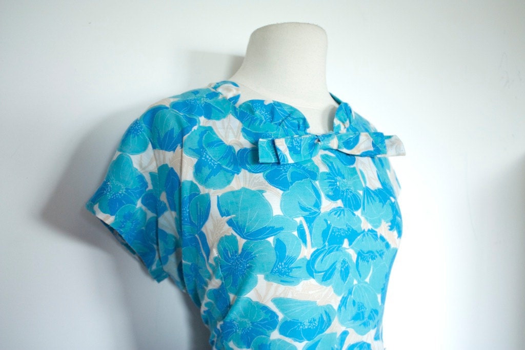 Vintage 1950s BLUE HAWAII Plus Size Floral Day DRESS Rockabilly
