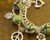 Green Tartan, Leaf and Peace Charms Bracelet