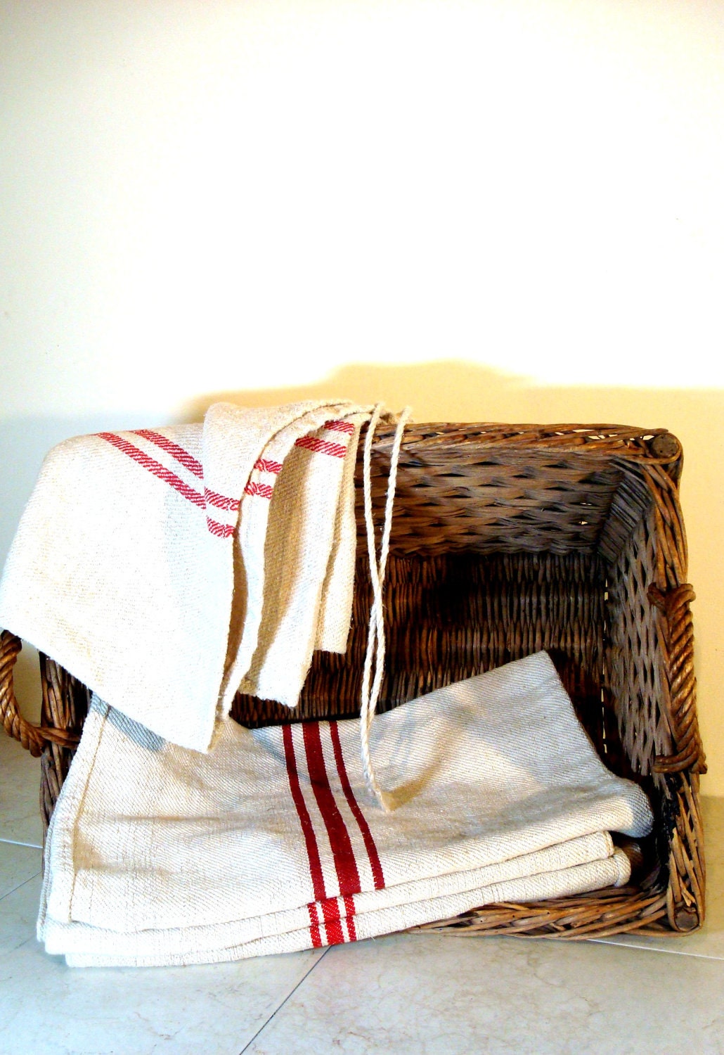 Vintage Red and White French Grain Sacks from Paris Flea Market