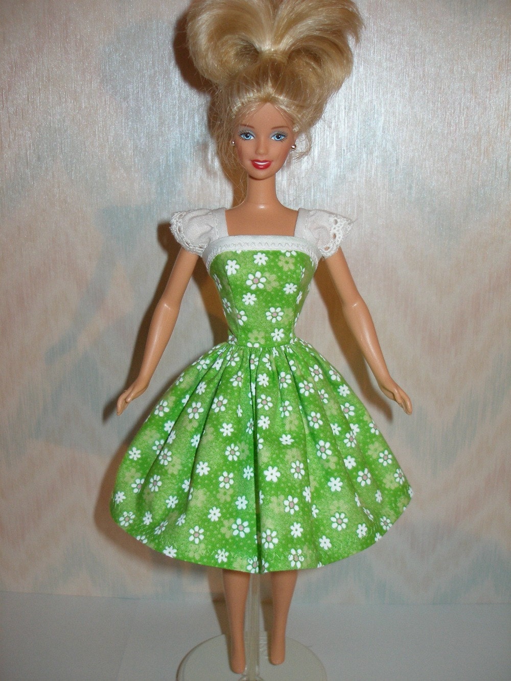 Handmade Barbie clothes - green and white floral dress