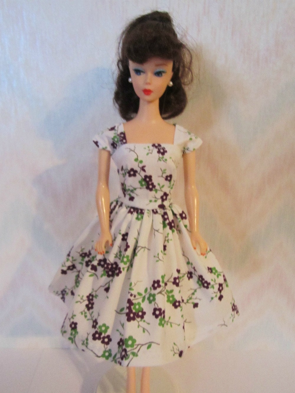 Handmade Barbie doll clothes - white and purple floral dress