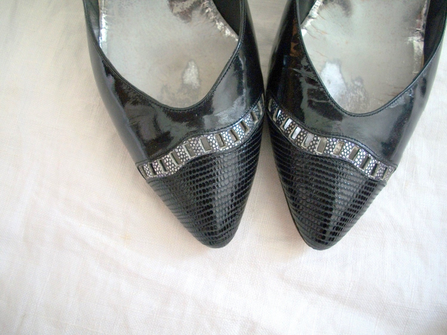 SALE /// Tribal Black Leather Heels by Stuart Weitzman for Mr. Seymour Patent Leather & Snake with Silver Size 7 or 7.5 Free Shipping