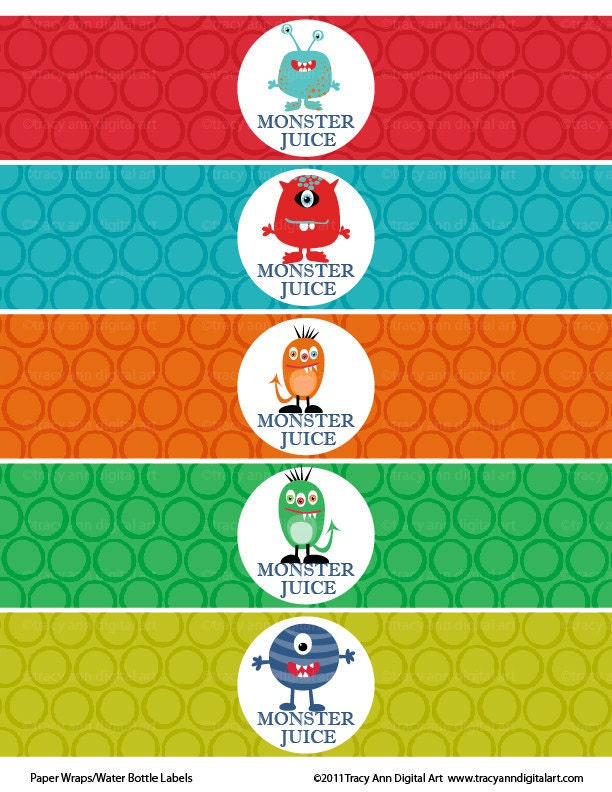 Monster Printable Water Bottle Wraps Paper by TracyAnnPrintables