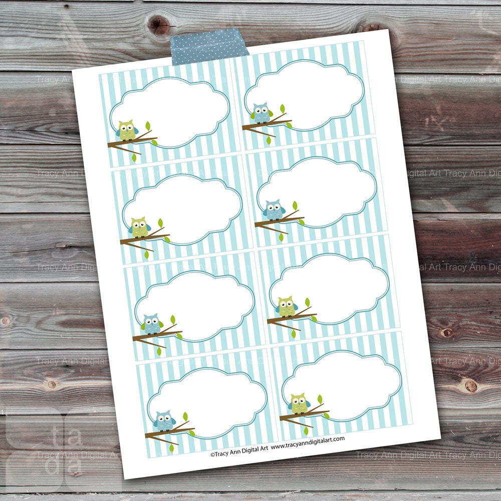 DIY Printable Blue Owl stripe Cards Labels Buffet Cards Note cards