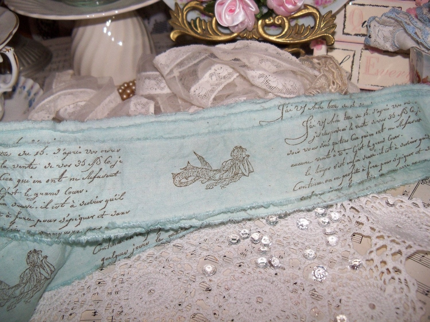 Hand Stamped Fabric Ribbon-MERMAIDS-OOAK Original Design-Wedding-Bridal Shower--Couture-Altered Clothing-Package wrap and so many more ideas - fleamarketfloozie Hand Stamped Fabric Ribbon-MERMAIDS-OOAK Original Design-Wedding-Bridal Shower--Couture-Altered Clothing-Package wrap and so many more ideas - fleamarketfloozie