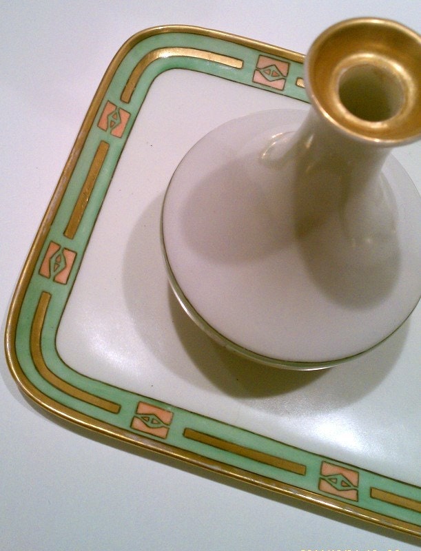 RESERVED SCOTT: Antique Arts and Crafts or Art Nouveau Limoges Vase & Tray Set Hand Painted