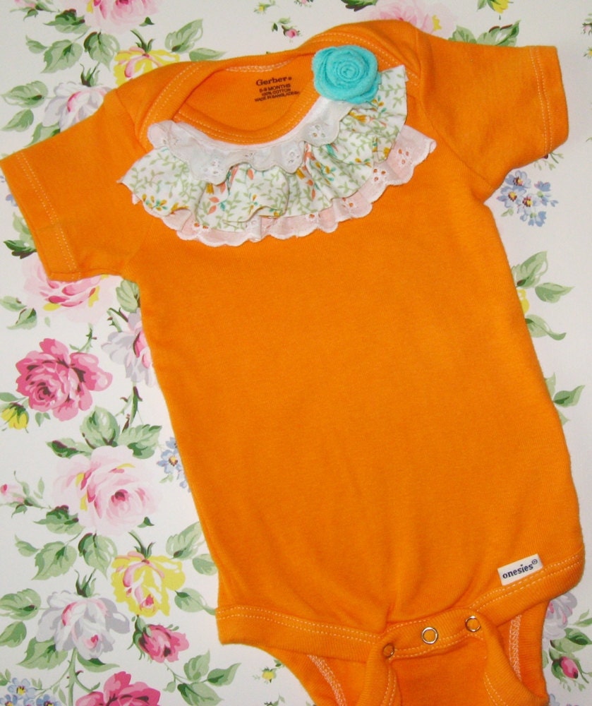 sunshine orange hand dyed onesie embellished with vintage fabric and lace, and a pretty little aqua rose, 6m to 9m, baby girl photos spring