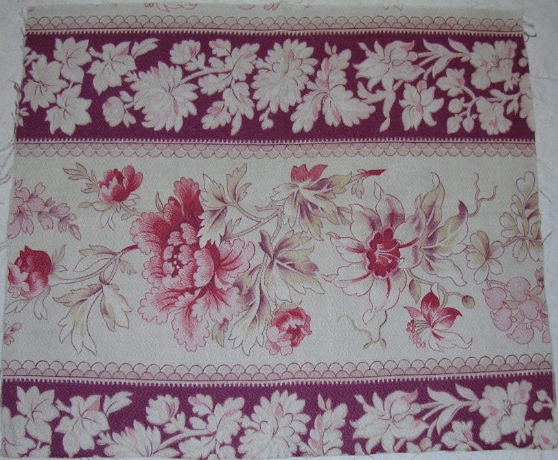 Antique French Fabric Rosy Red Peonies on Mauve 19th Cen.