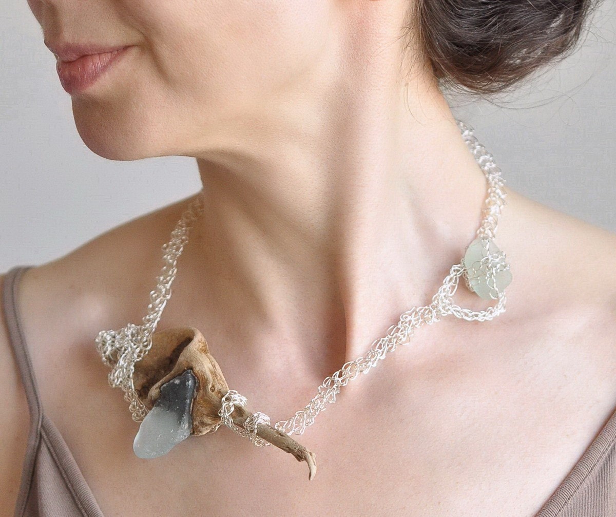 Necklace - natural driftwood with sea glass and handwoven sterling silver filled lace - Ocean Whisper  FREE SHIPPING