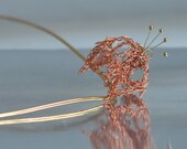 Necklace Pendant - crocheted pure copper stylized modern 3D flower pendant on 18 inch vintage brass collar - Mystic Garden