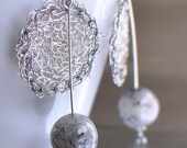Earrings - handwoven sterling silver lace and natural gemstone rutilated quartz - Foucault Pendulum