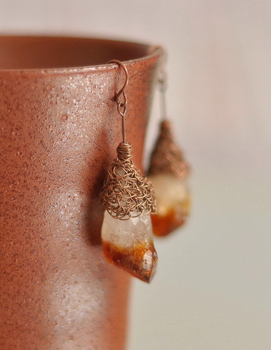 Earrings - genuine rough citrine crystal nuggets in crocheted antiqued copper caps - Sugar With Rum