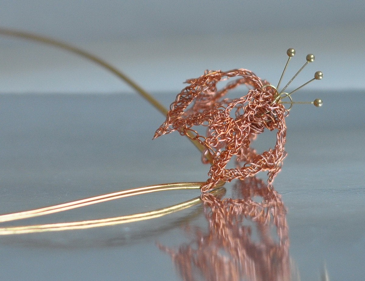 Necklace Pendant - crocheted pure copper stylized modern 3D flower pendant on 18 inch vintage brass collar - Mystic Garden