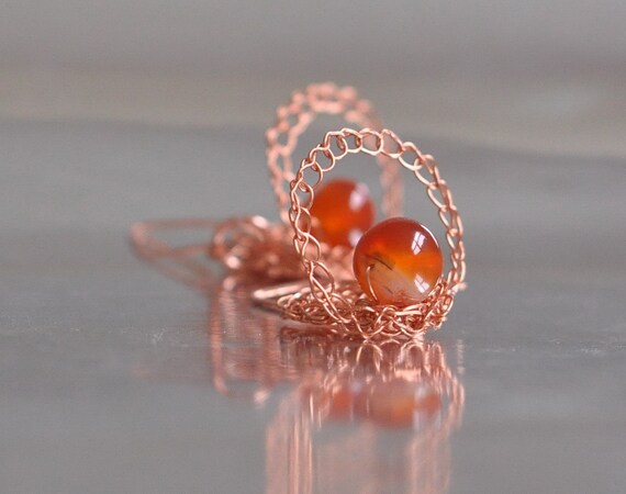 Earrings - crocheted pure copper with natural carnelian gemstones - Be My Satellite