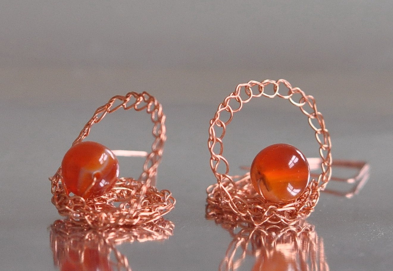Earrings - crocheted pure copper with natural carnelian gemstones - Be My Satellite