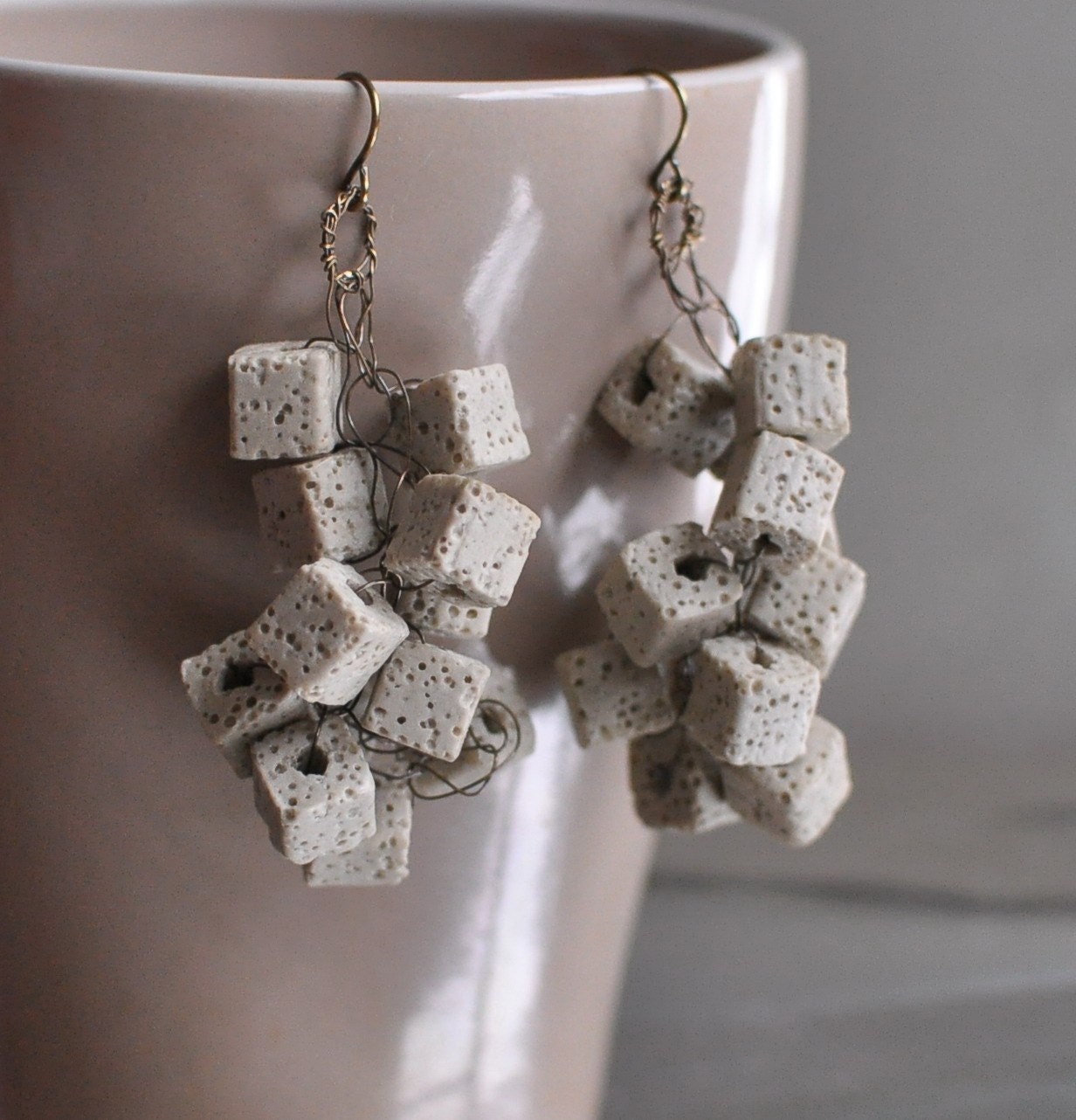 Earrings - antiqued pure brass with cluster natural volcanic lava stones