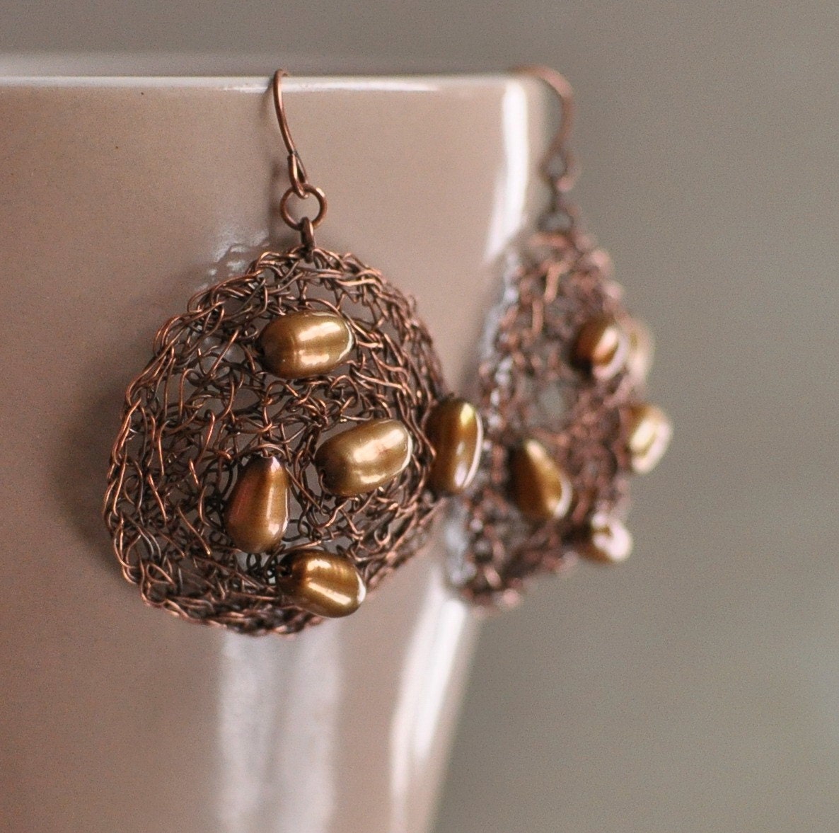 Earrings - antiqued copper handwoven sculpture  with natural freshwater pearls - Chocolate Cookies