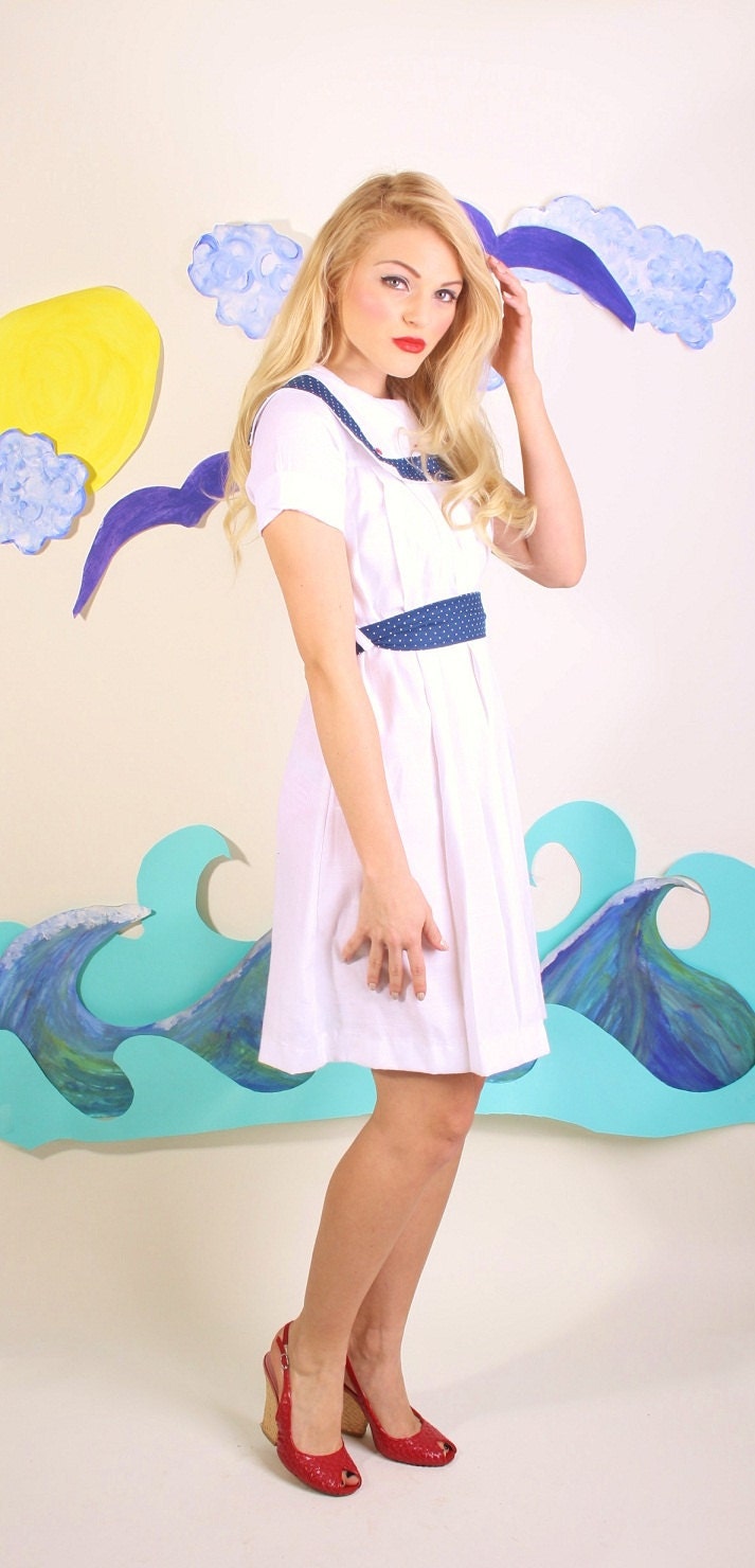 Nautical / Nautical Dress / White Dress / Sailor Dress / Dresses / Navy Dress / Polkadot / Polka Dot / Red Dress / Lolita / Pinup /0888