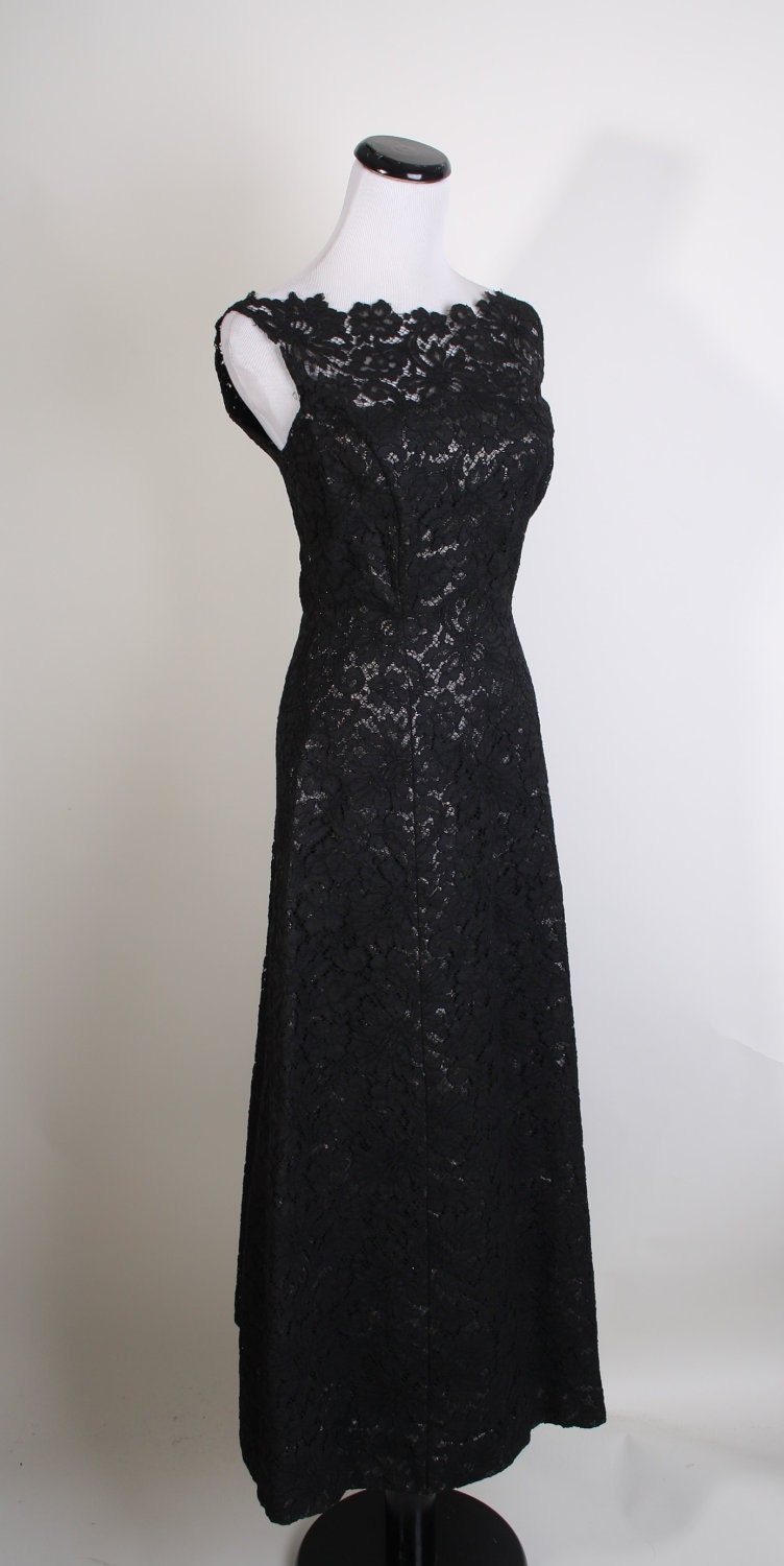 Evening Gown / Vintage Lace / Metallic / Long Dress / Black Dress / Mad Men / Couture / Illusion Lace / 1095