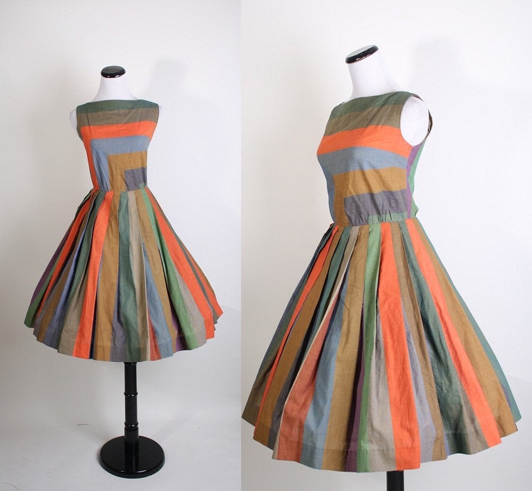 1950s Dress - Dresses - Cotton Dress - Multi Color Dress - Geometric - Minimalist - Modern Dress - Mad Men Dress - 1046