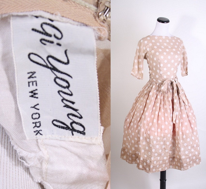 Gigi Young / Dress / Dresses / Beige / 1950s Cocktail Dress / Designer Vintage / Designer / Polka Dot / Polkadot / Mad Men Dress / 0985
