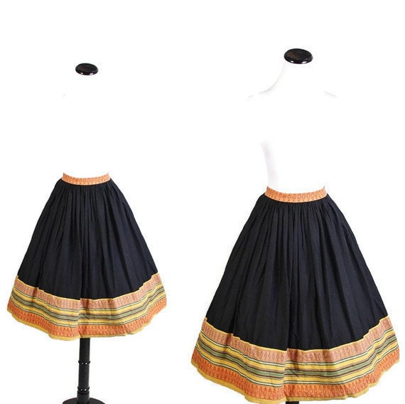 1960s Skirt - IKAT Skirt - Black Skirt - Circle Skirt - Ethnic Fashion - Aztec Southwestern - Tribal Skirt - 1050