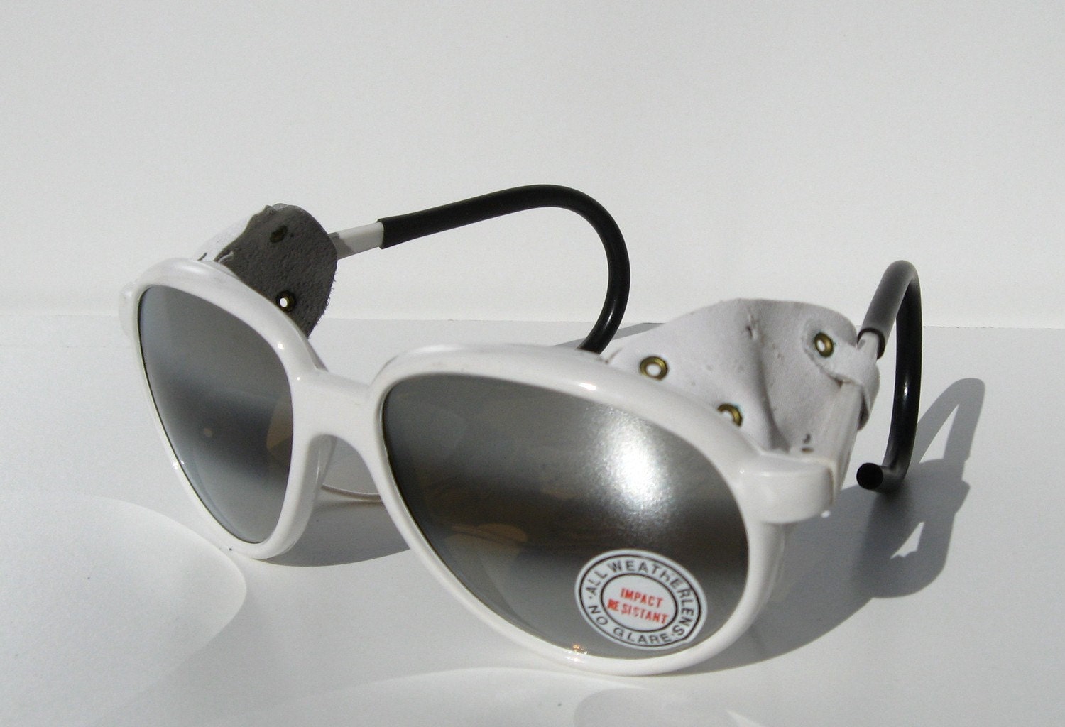 Items similar to White Leather Side Shield Blinder Vintage 80s Steampunk Motorcycle Ski Mirror