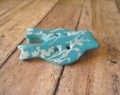 Teal polymer clay Small Bird Buttons, set of 3 white flower flourish
