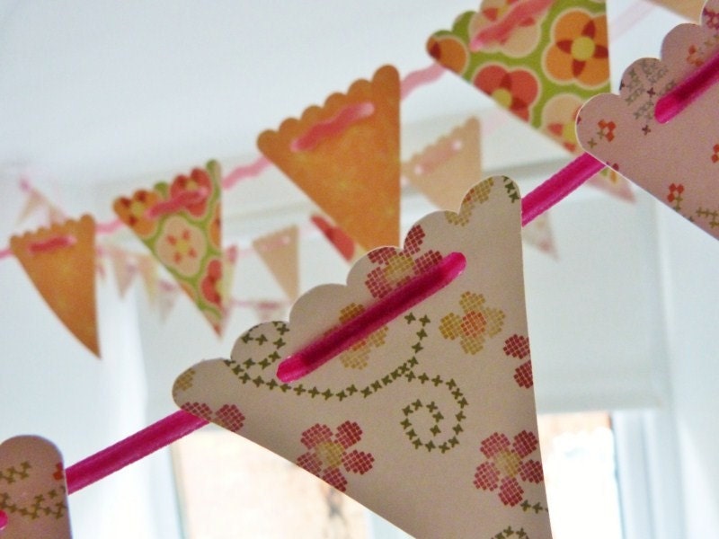 Bunting garland in pink & white cross stitch design cardstock 15 flags on pretty velvet ribbon READY TO SHIP Il_170x135