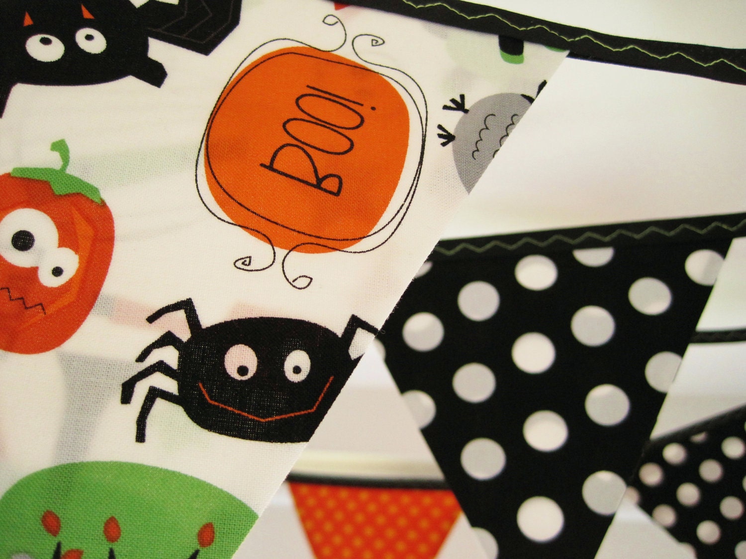 Halloween bunting banner in black & orange fabrics Perfect for spooky parties Over 11 ft long (excl. ties) with 12 large flags READY TO SHIP Il_570xn