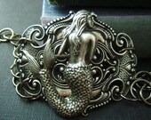 Daughter of the sea-Vintage sterling silver plated brass mermaid art nouveau bracelet/cuff, B91 - UpBrass