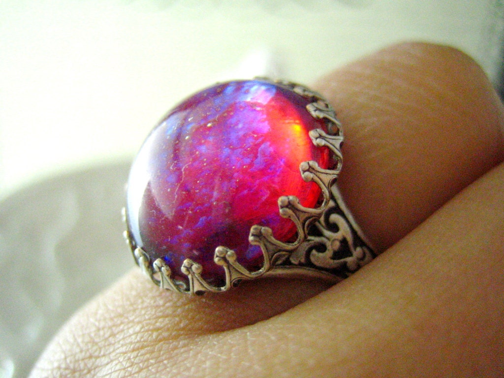 Lycoris-- Dragon's breath large opal glass stone antique silver brass adjustable ring