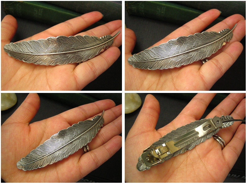Large feather barrette in ox antique sterling silver plated brass