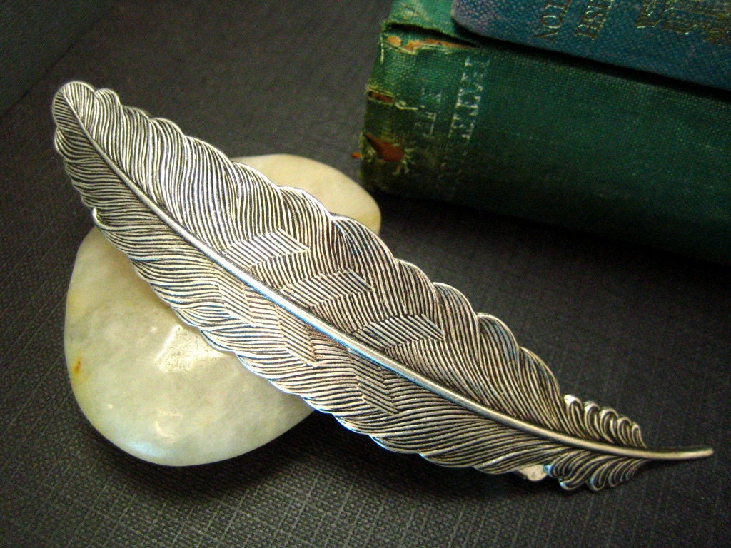 Large feather barrette in ox antique sterling silver plated brass