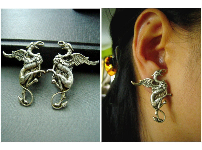 Ear cuff NO PIERCING--vintage style ox aged sterling silver plated brass gothic griffin wing earrings, all soldered