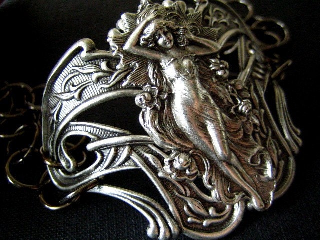 Vintage sterling silver plated brass art nouveau goddess statement wrist cuff, B95
