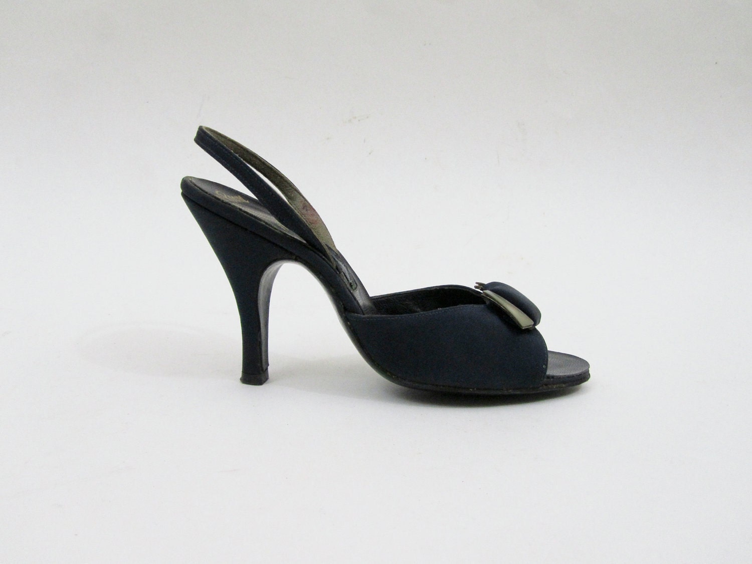 1950s Dress Shoes - Navy Blue Peeptoe / Slingback Heels with Mother of