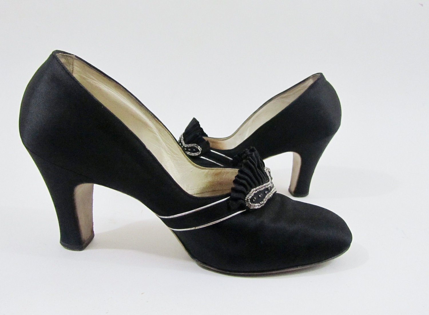 1920s Dress Shoes - Vintage 20s Shoes in Black Silk with Silver & Rhinestone Trim - Size 6 6.5