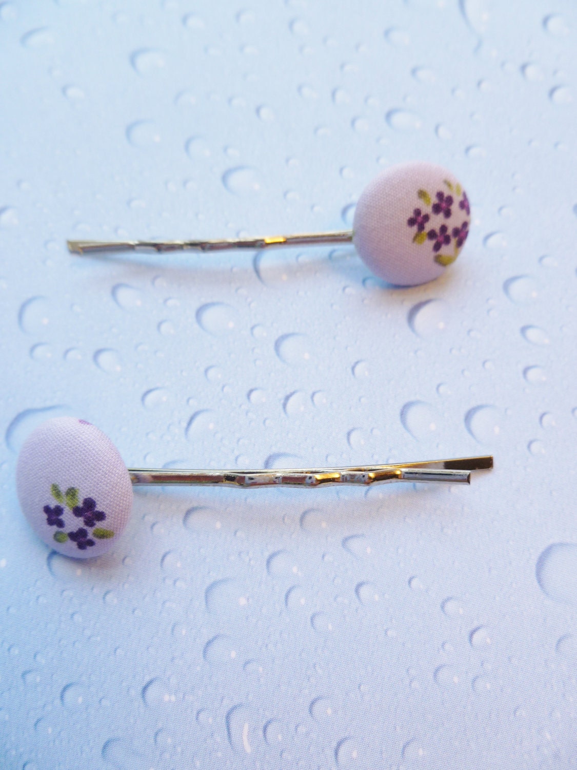 Button Hair Pins...Fabric Covered Button Hair Pins... set of 2....Lilac..Spring into Fashion