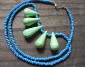 Statement necklace, modern tribal necklace, colorful beaded necklace, long beaded necklace, color blocked necklace, green and blue necklace