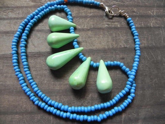 Statement necklace, modern tribal necklace, colorful beaded necklace, long beaded necklace, color blocked necklace, green and blue necklace