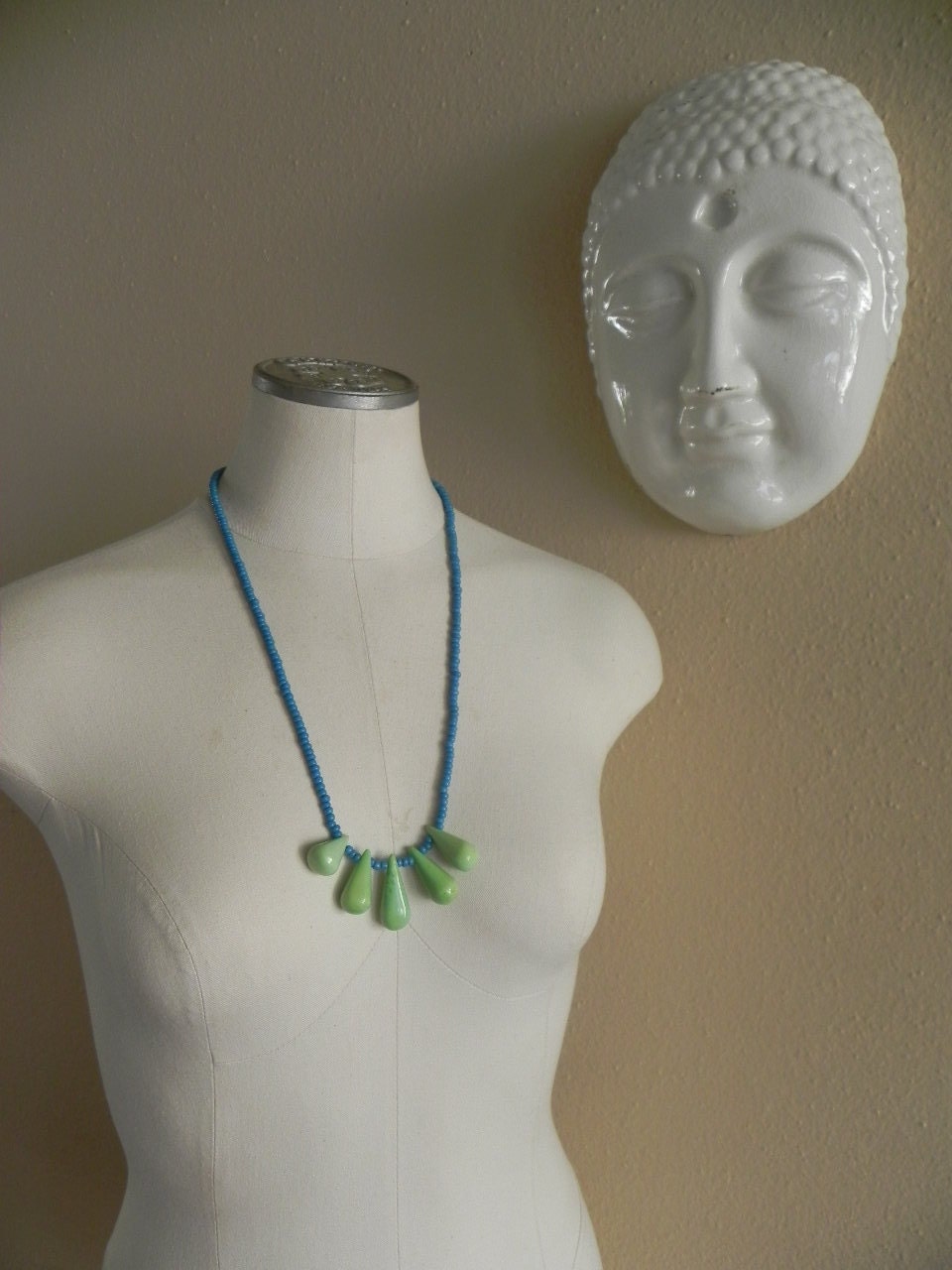 Statement necklace, modern tribal necklace, colorful beaded necklace, long beaded necklace, color blocked necklace, green and blue necklace