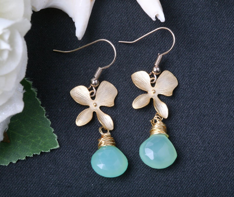 Customize birthstone,Gold orchid flower gold filled earrings,birthday gift,bridesmaid gift,wedding jewelry,Bridal,flower earrings