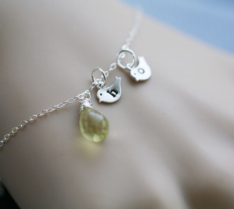 Initial bracelet,Two initial letters charms,bird bracelet,wedding jewelry,birthday,friendship,best friends,mother gift,Original design