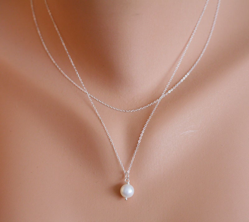 Bridesmaid gifts,Double Layer Sterling Silver Chain and Freshwater Pearl,Wedding Jewelry,Bridal jewelry,Birthday,Mother Gift