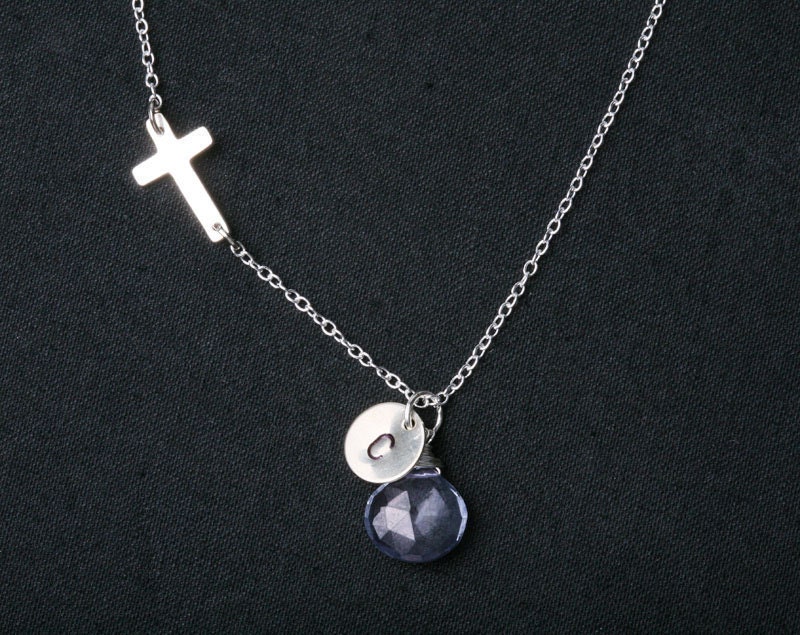 Original Design,Blessed Necklace,Small Cross necklace,Custom initial and birthstone,initial necklace