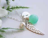 Angel Sterling Silver Necklace,Angel wing,Customize monogram initial & birthstone,Graduation,bird wing,Wedding,Flower girl