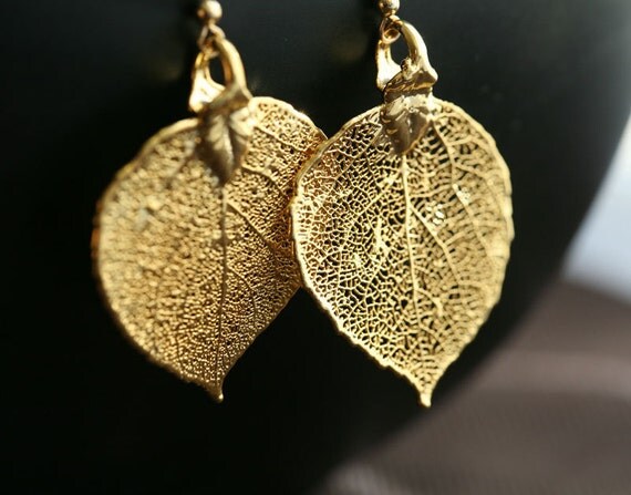 Baby aspen leaf earrings,24k gold,mothers gift,birthday,bridesmaid gifts,fall winter wedding,autumn,bridal jewelry