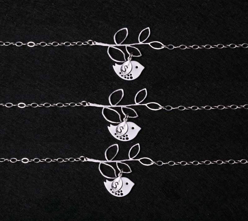 Bird and leaf bracelet, initial bracelet, personalized bracelet, ,monogrammed gift,wedding bridesmaids gift